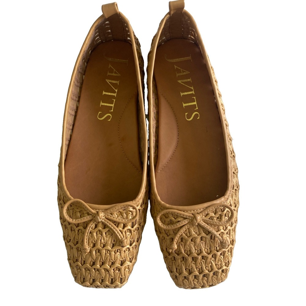 Eric Javits Parris Raffia Natural Woven Square-Toe Ballet Flats in Tan Size 9